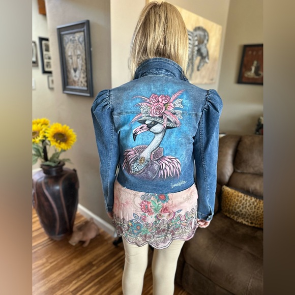 Victorian flamingo handpainted rhinestones cropped denim TGLA Jean jacket sz LG - Picture 4 of 16